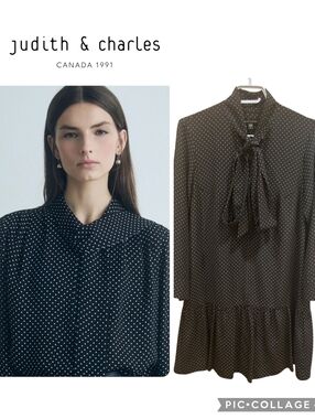 Judith & Charles Black Polka Dot Tie-Neck Dress Sz 6 Us Like New